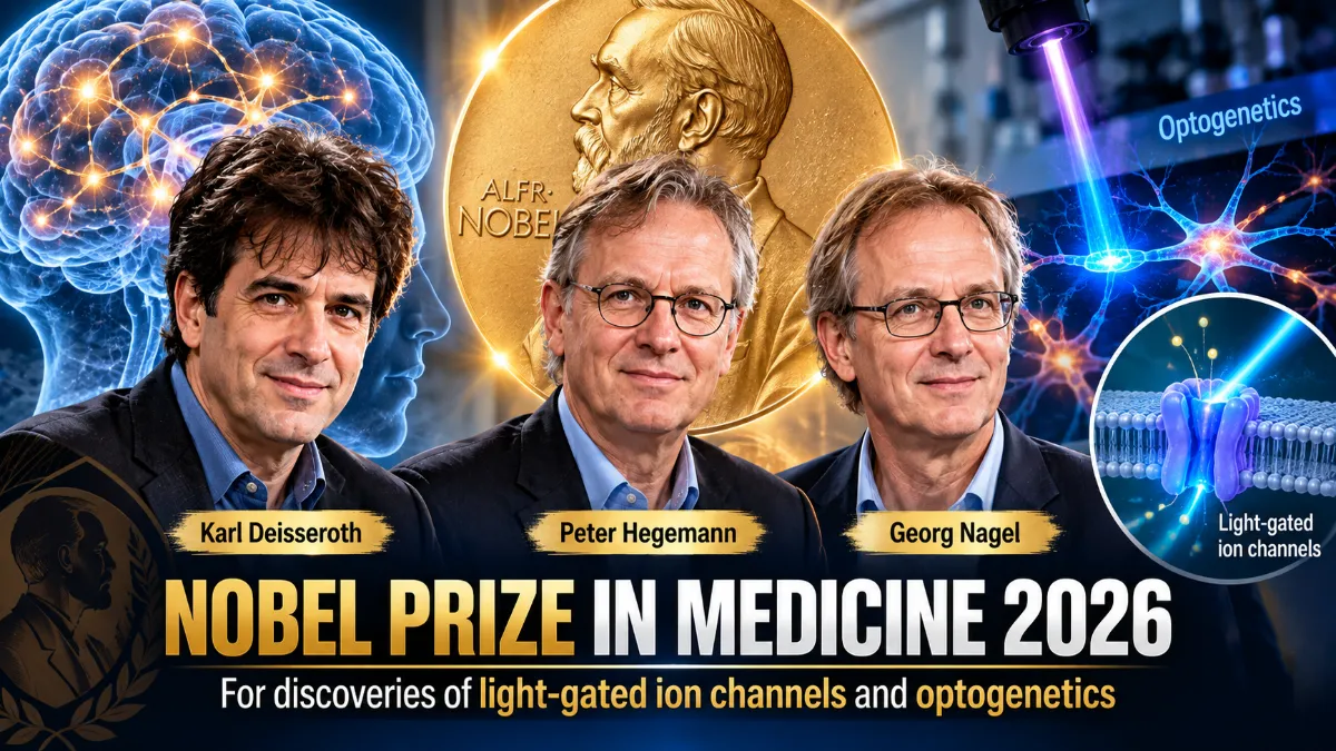 Nobel Prize in Medicine 2026 Karl Deisseroth, Peter Hegemann और Georg Nagel को मिला। जानिए उनकी खोज और नोबेल चयन प्रक्रिया की पूरी कहानी।